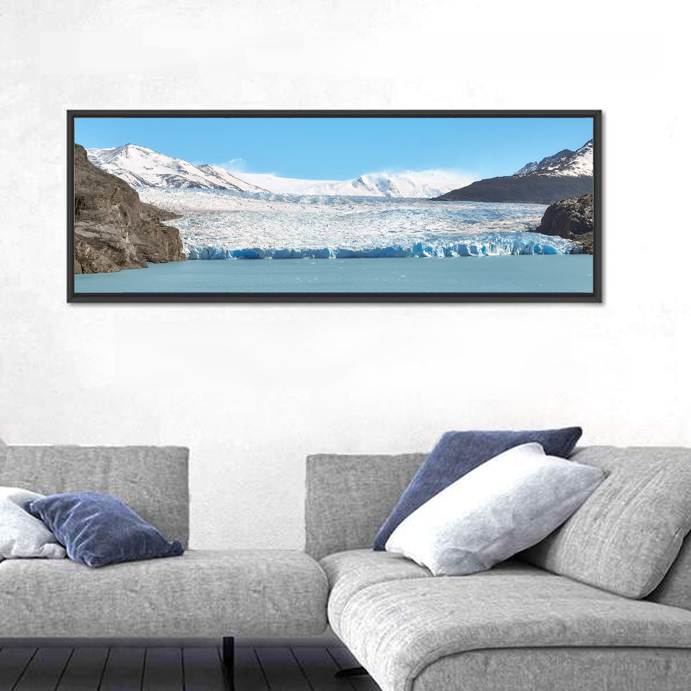 Grey Glacier and Blue Glacial Lake Wall Art in a room, panoramic