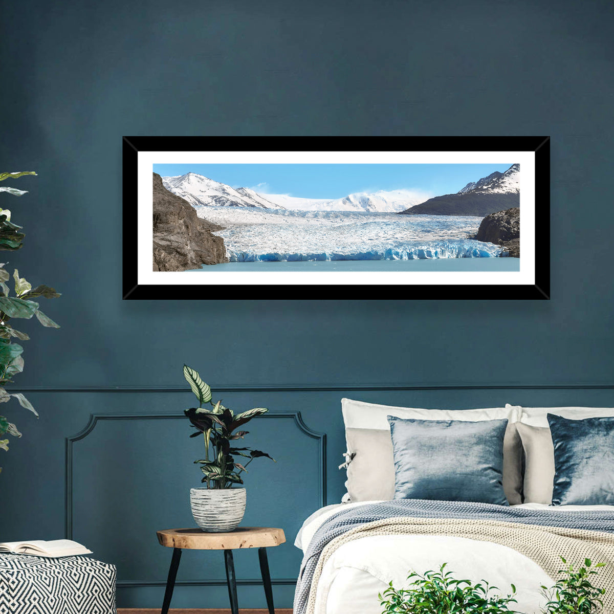 Grey Glacier and Blue Glacial Lake Wall Art in a room, panoramic