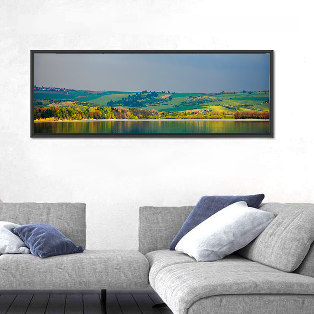Liptovska Mara Lake Reflection Wall Art in a room, panoramic