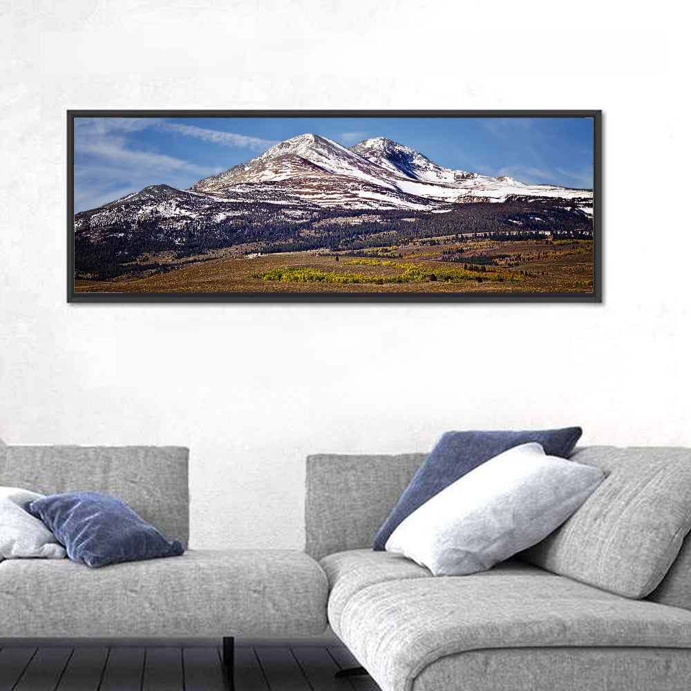 Sierra Nevada Snow Capped Peaks Wall Art in a room, panoramic