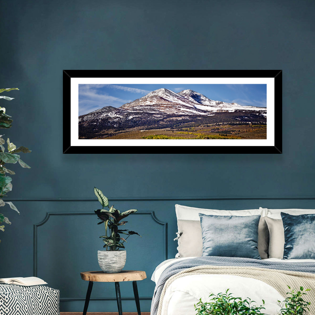 Sierra Nevada Snow Capped Peaks Wall Art in a room, panoramic