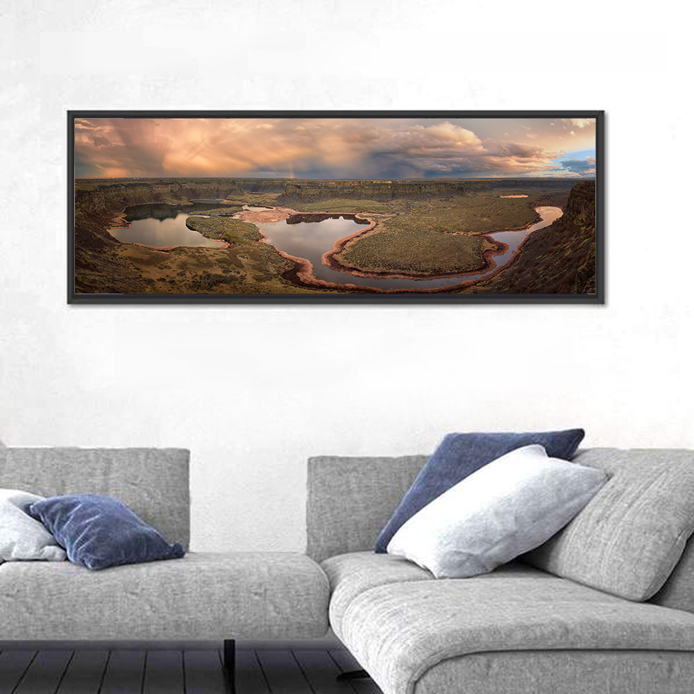 Soap Lake Storm Rainbow Wall Art in a room, panoramic