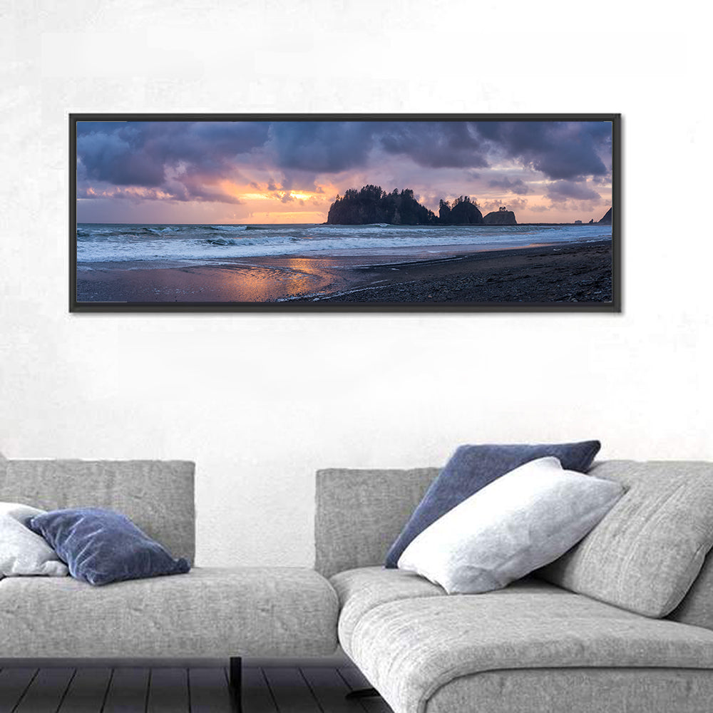 Rialto Beach Sea Stacks at Sunset Wall Art in a room, panoramic