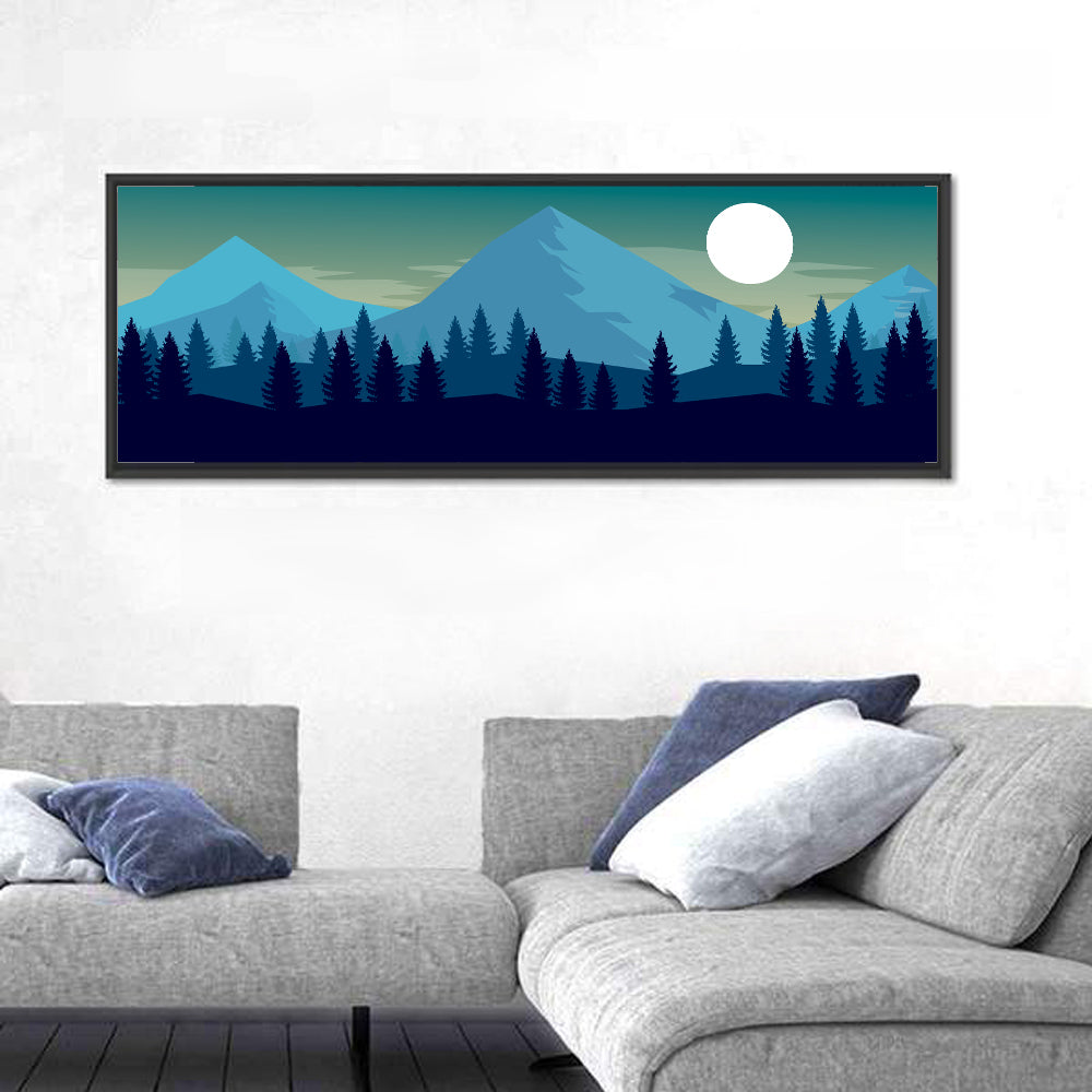Moonlit Snowy Mountain Forest Wall Art in a room, panoramic
