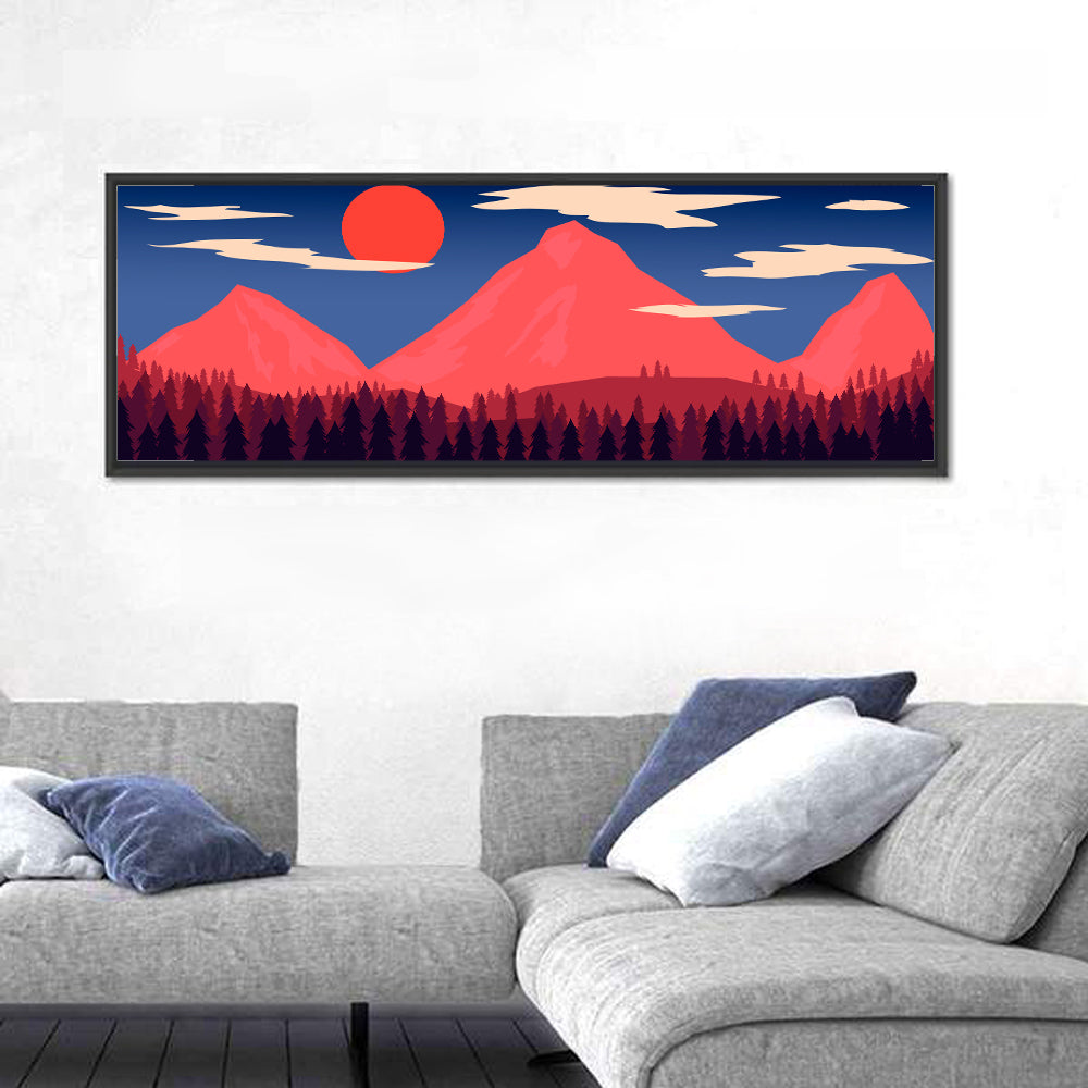 Crimson Sun Over Blue Mountains Wall Art in a room, panoramic