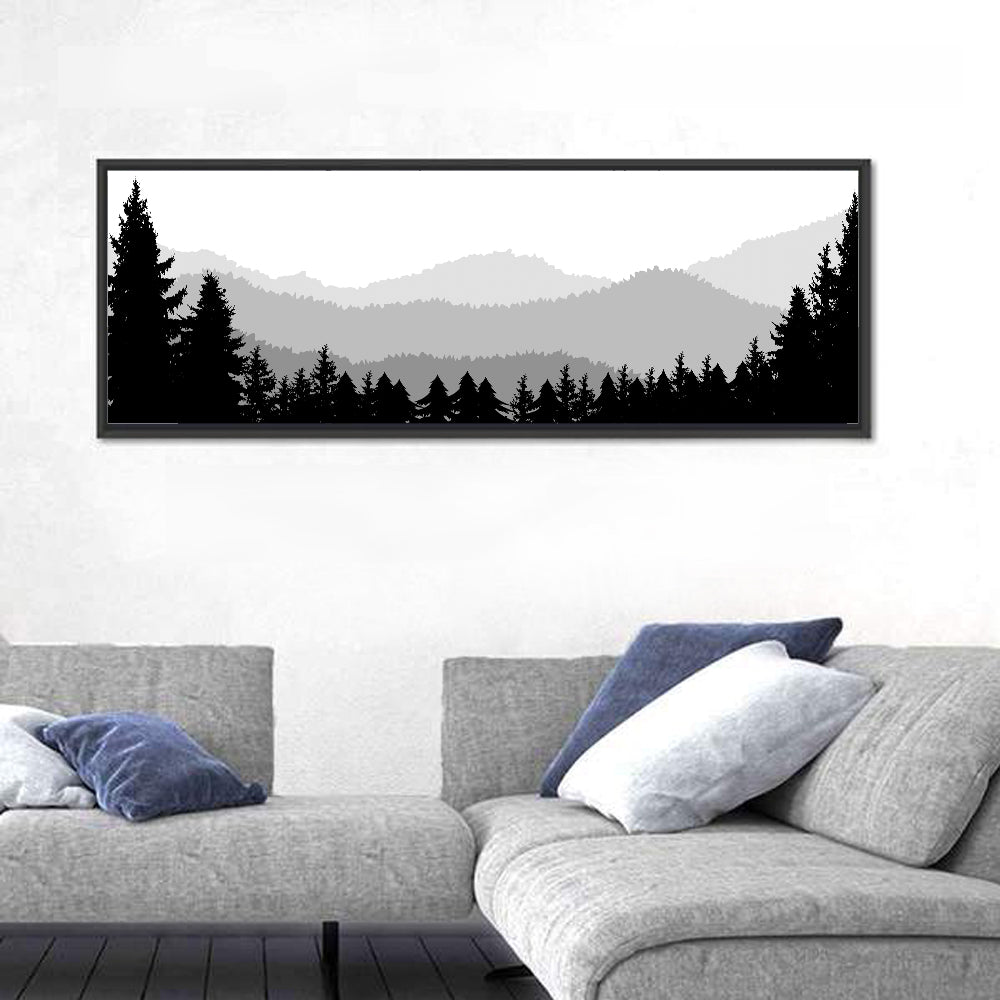Foggy Mountain Silhouettes Wall Art in a room, panoramic