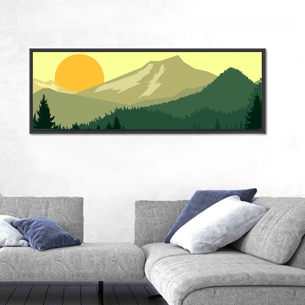 Sunset Over Green Mountains Wall Art in a room, panoramic