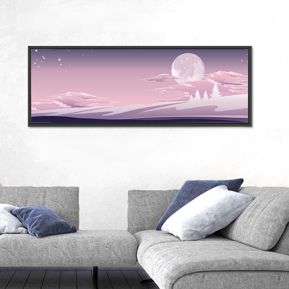 Lavender Moon Winter Landscape Wall Art in a room, panoramic