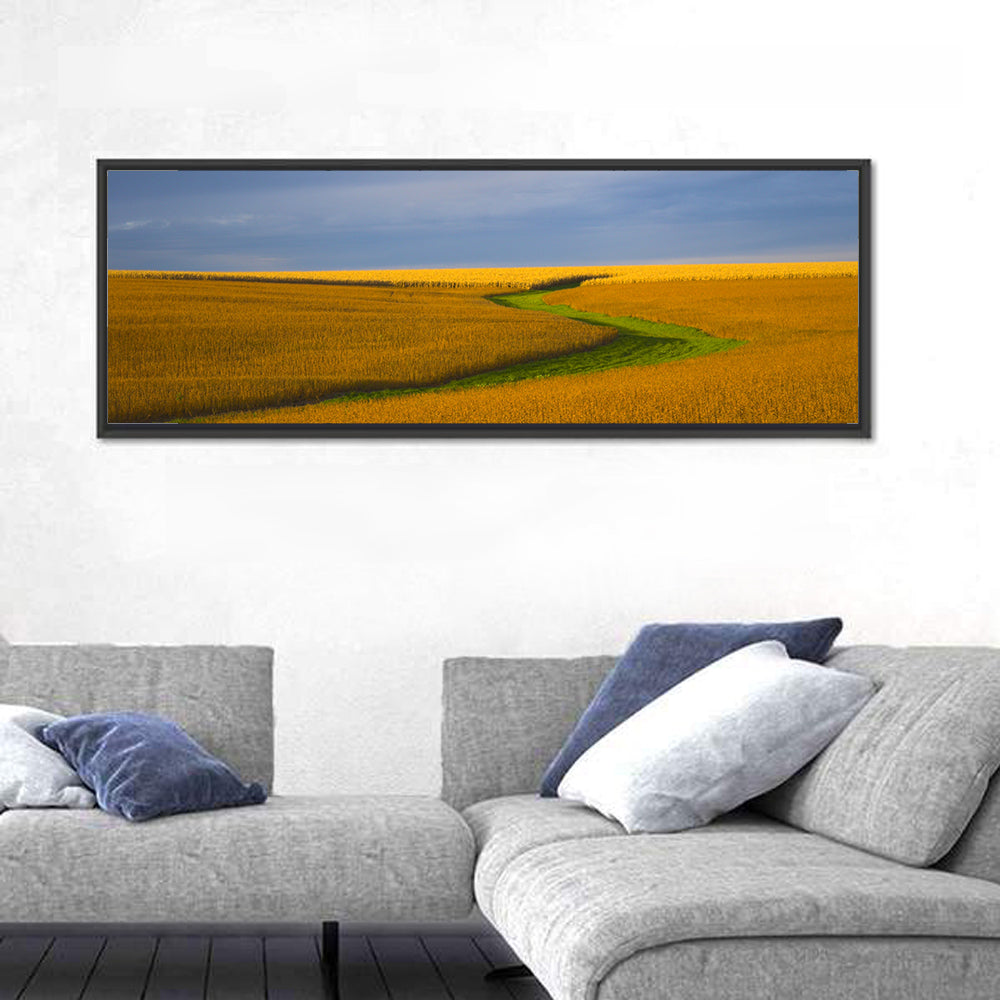 Golden Hour Soybean Field Wall Art in a room, panoramic