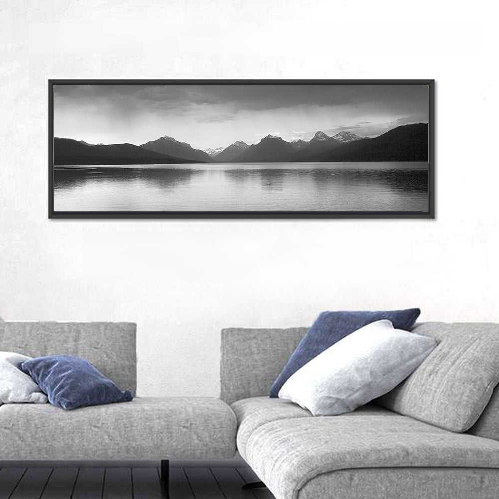 Lake Mcdonald Monochrome Reflection Wall Art in a room, panoramic