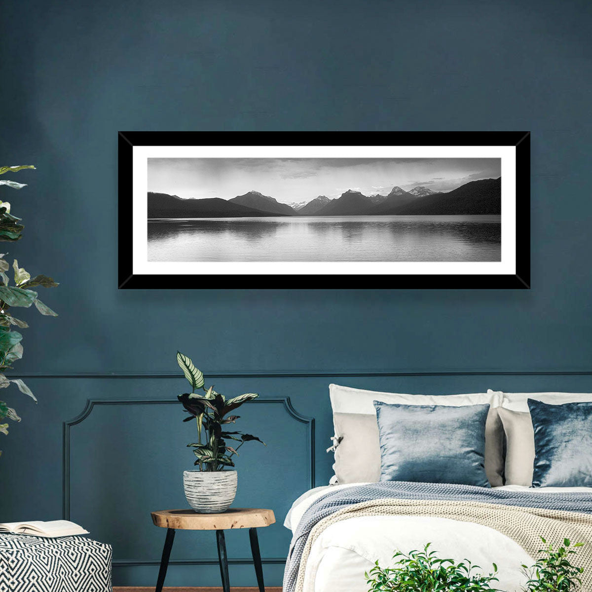 Lake Mcdonald Monochrome Reflection Wall Art in a room, panoramic