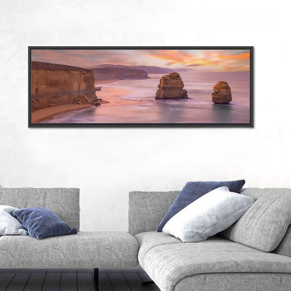 Twelve Apostles Sunset Sea Stacks Wall Art in a room, panoramic