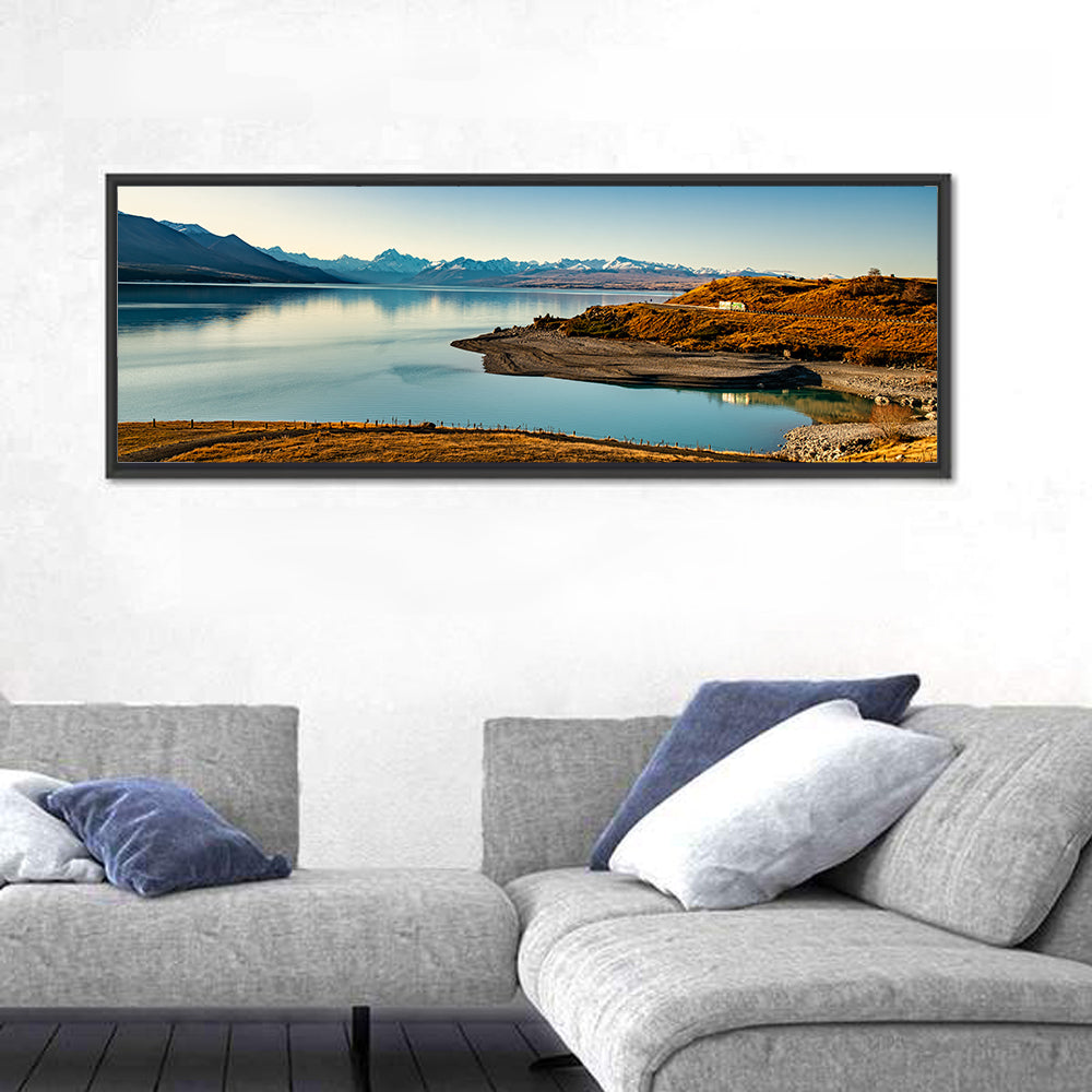 Lake Pukaki Golden Hour with Mount Cook Wall Art in a room, panoramic