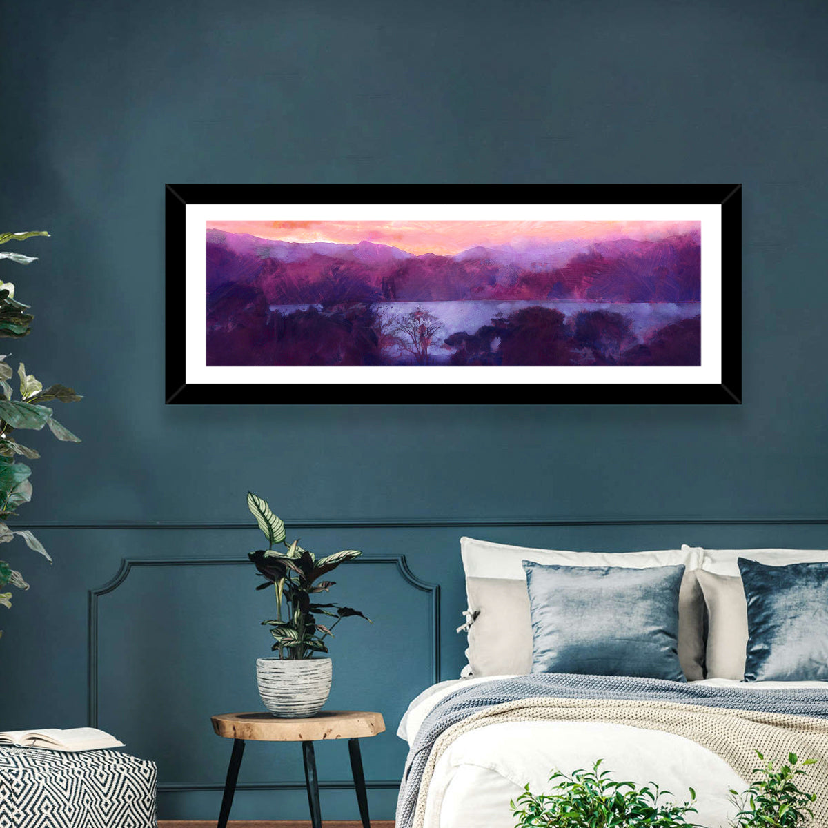 Forest Lake at Dusk Wall Art in a room, panoramic