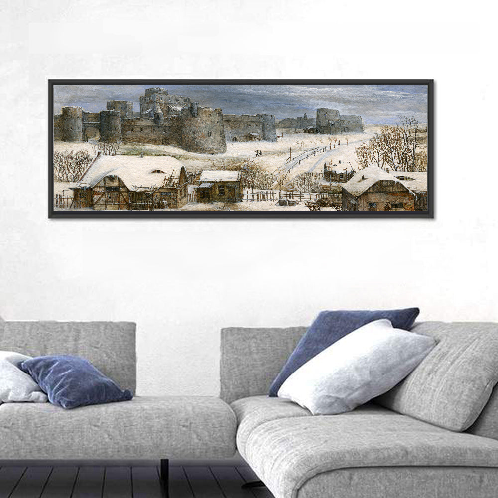 Snowbound Medieval Fortress Wall Art in a room, panoramic