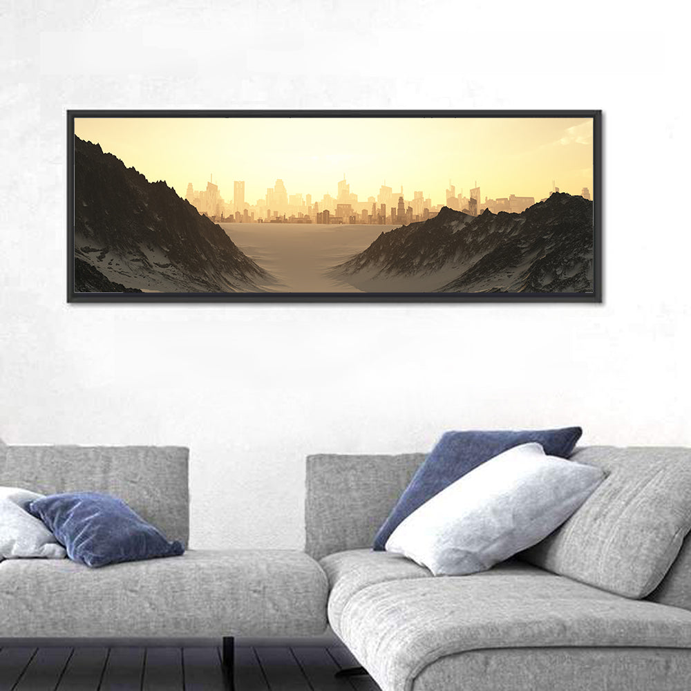 Futuristic City Sunset Wall Art in a room, panoramic