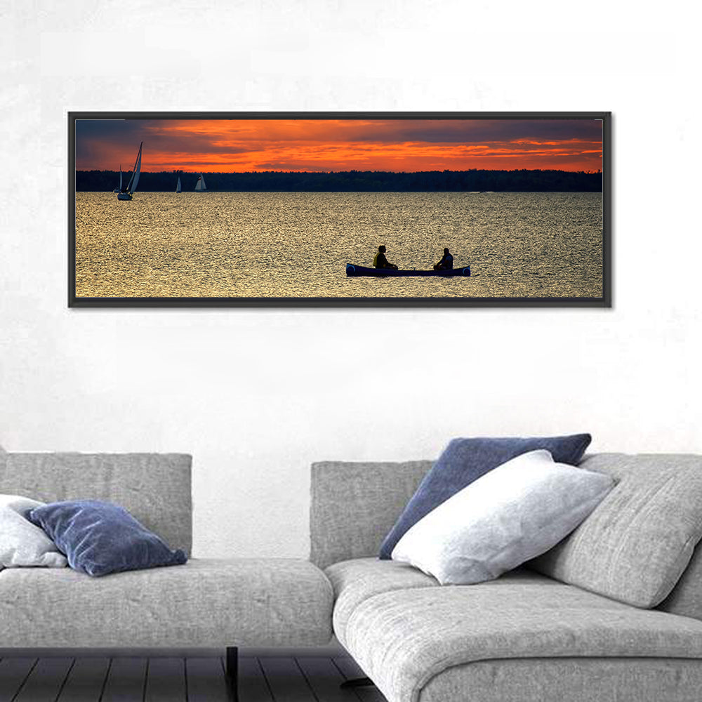 Ottawa River Sunset Canoe Wall Art in a room, panoramic