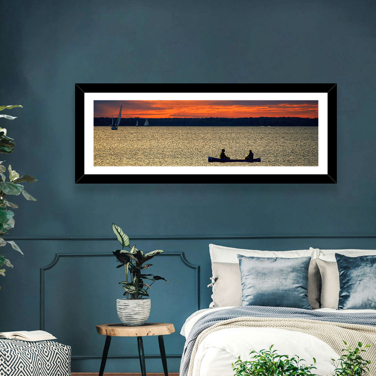 Ottawa River Sunset Canoe Wall Art in a room, panoramic