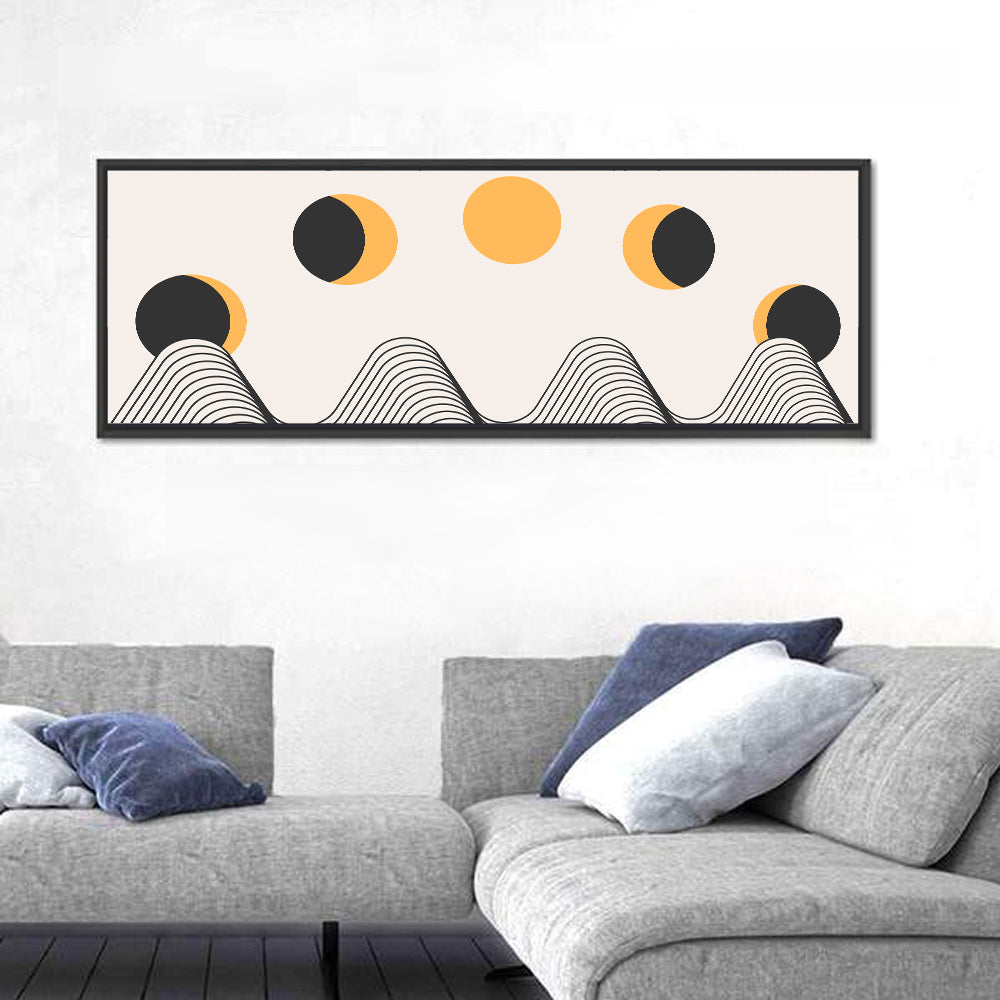 Sun and Moon Over Mountains Wall Art in a room, panoramic