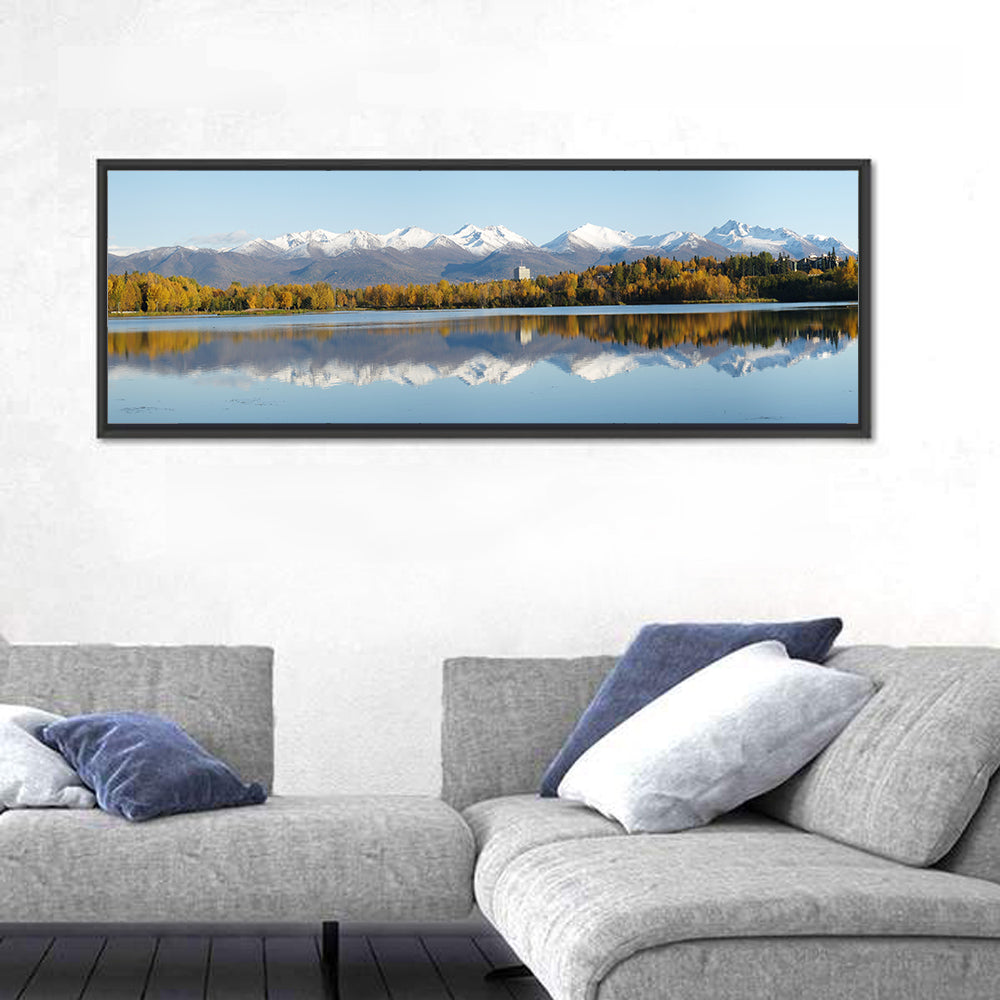 Anchorage Autumn Reflection and Chugach Mountains Wall Art in a room, panoramic