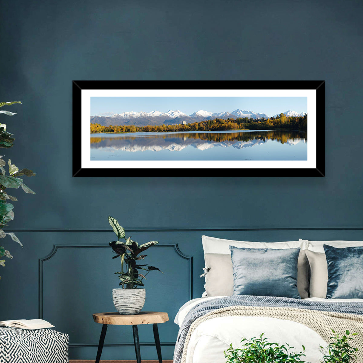 Anchorage Autumn Reflection and Chugach Mountains Wall Art in a room, panoramic