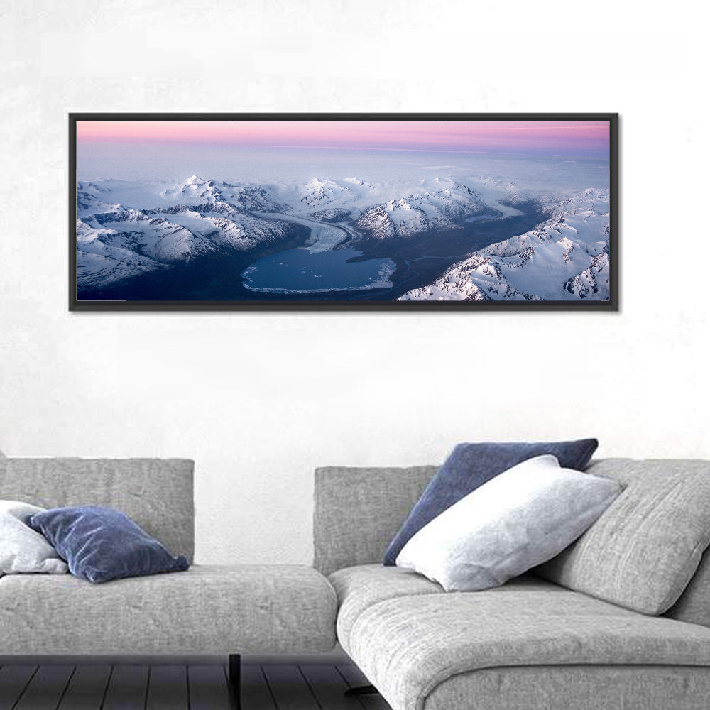 Lake George Alpenglow Wall Art in a room, panoramic