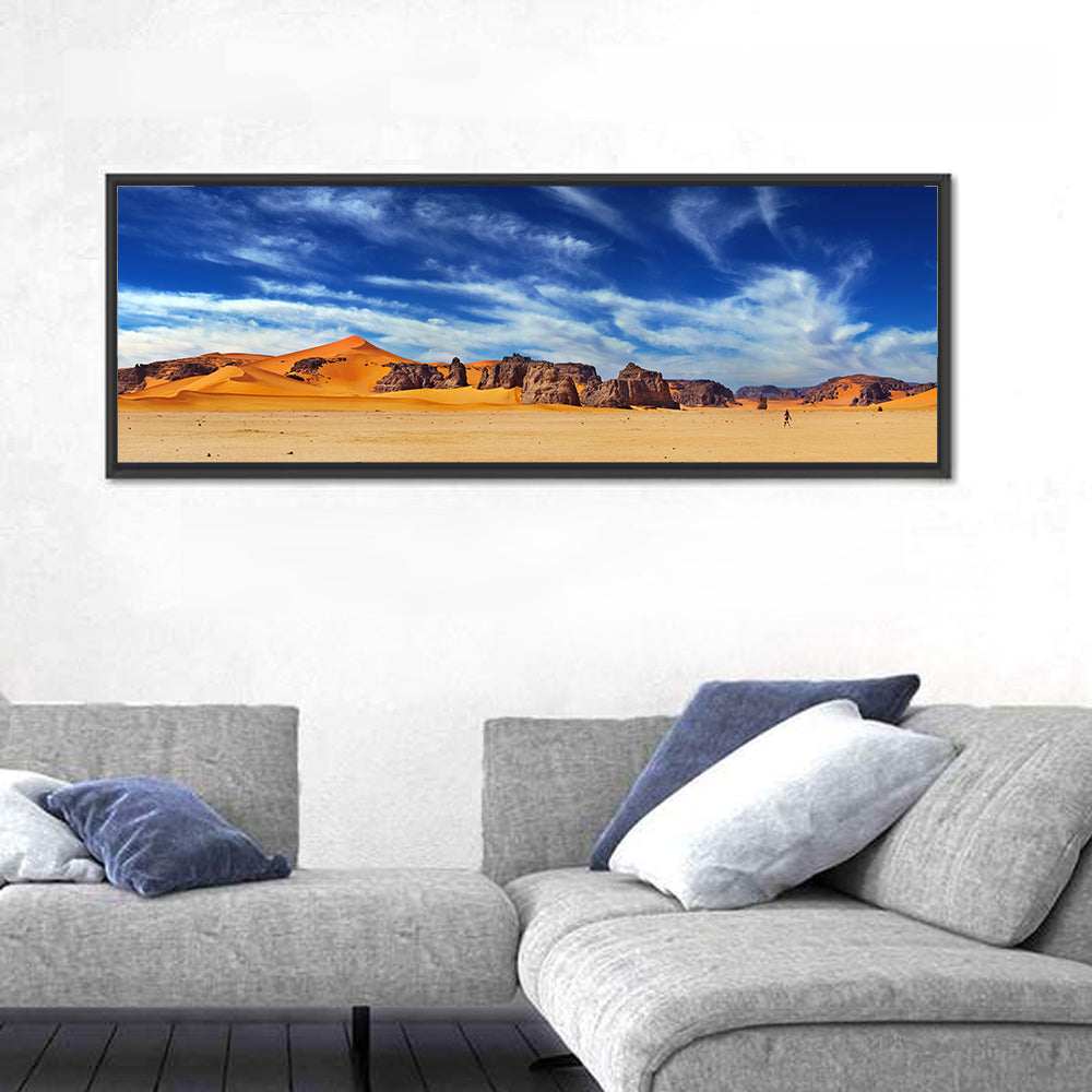 Sahara Sand Dunes Vista Wall Art in a room, panoramic