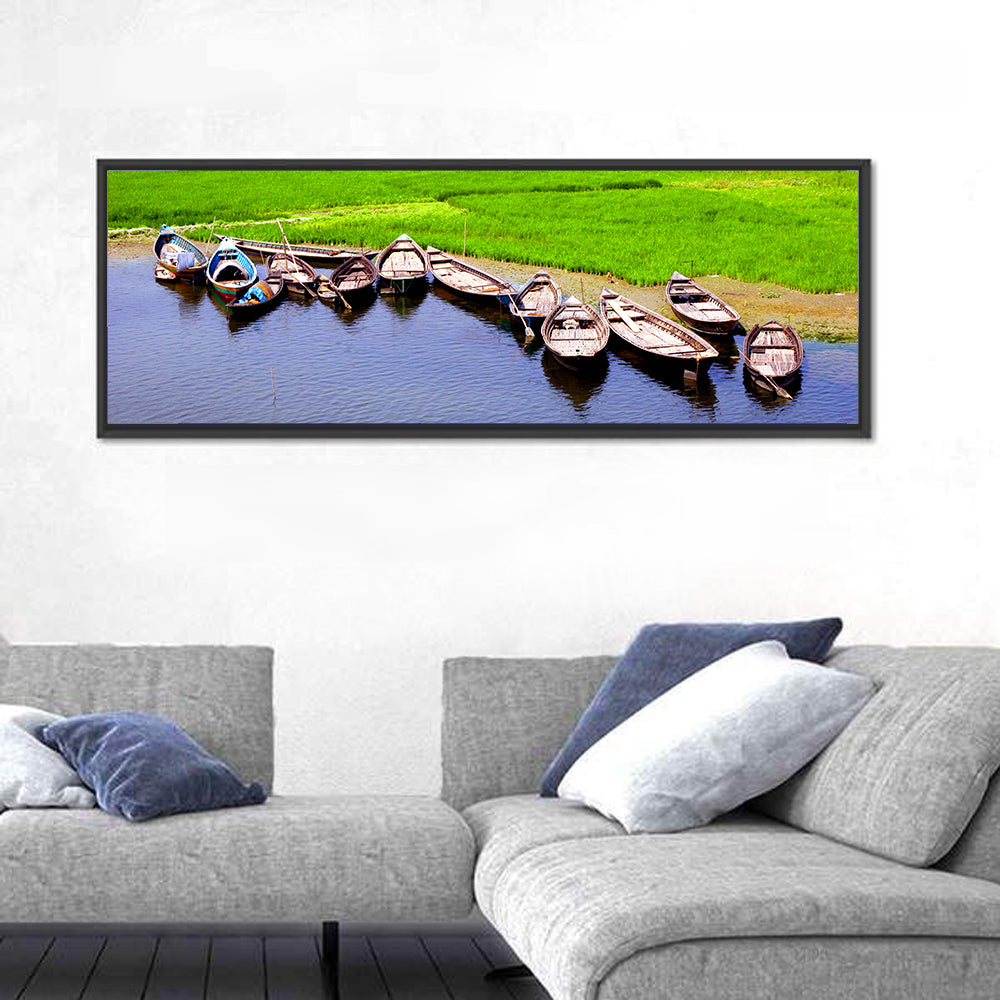 Boats at the Shoreline Wall Art in a room, panoramic
