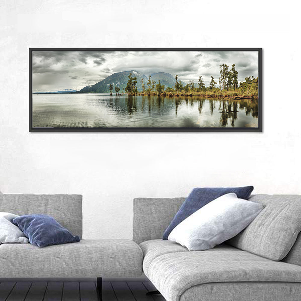 Lake Brunner Reflections Wall Art in a room, panoramic