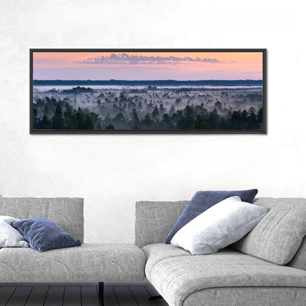 Estonian Misty Pine Landscape Wall Art in a room, panoramic