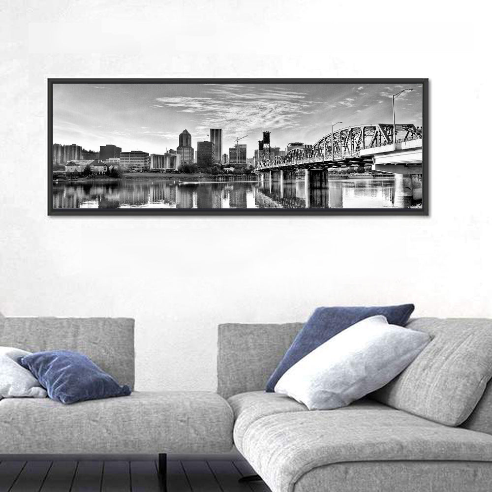 Portland Hawthorne Bridge Skyline Wall Art in a room, panoramic