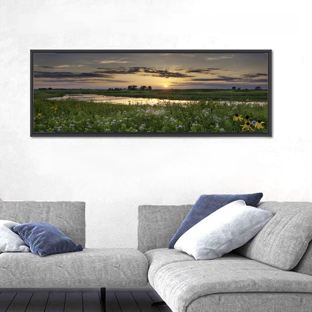 Illinois Fields Sunset Wall Art in a room, panoramic