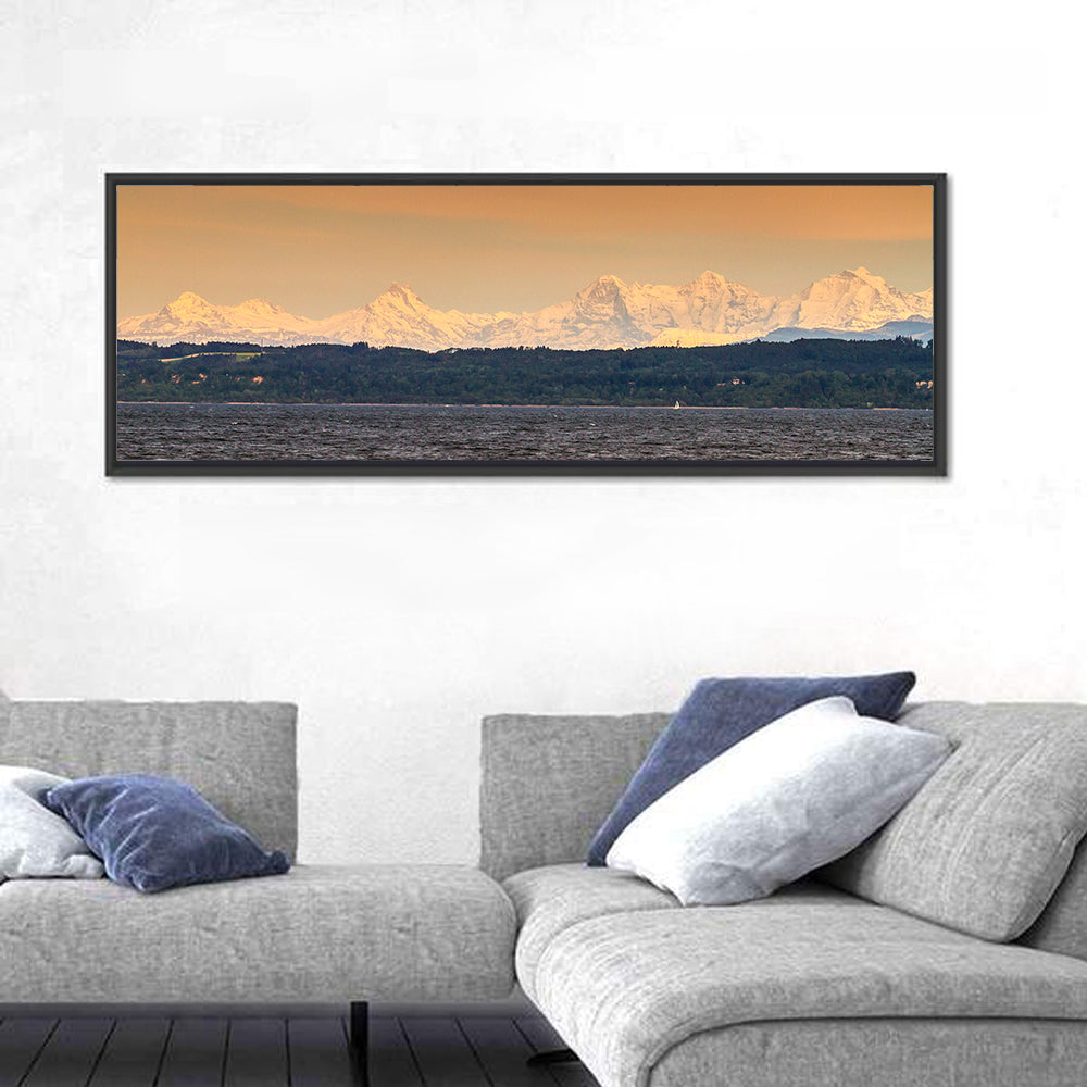 Lake Neuchatel Golden Hour Wall Art in a room, panoramic