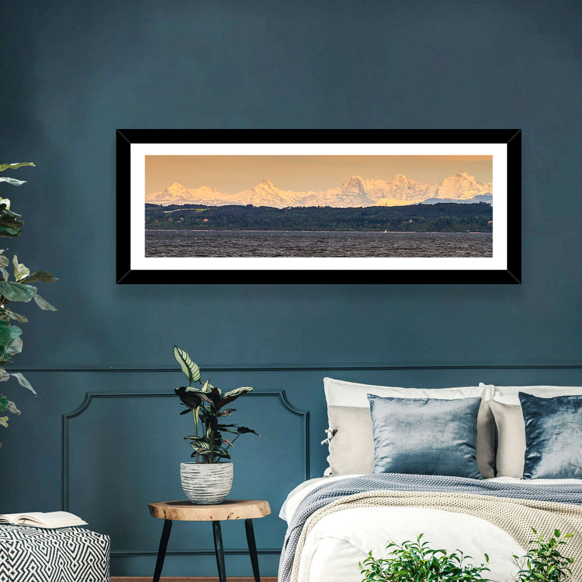 Lake Neuchatel Golden Hour Wall Art in a room, panoramic