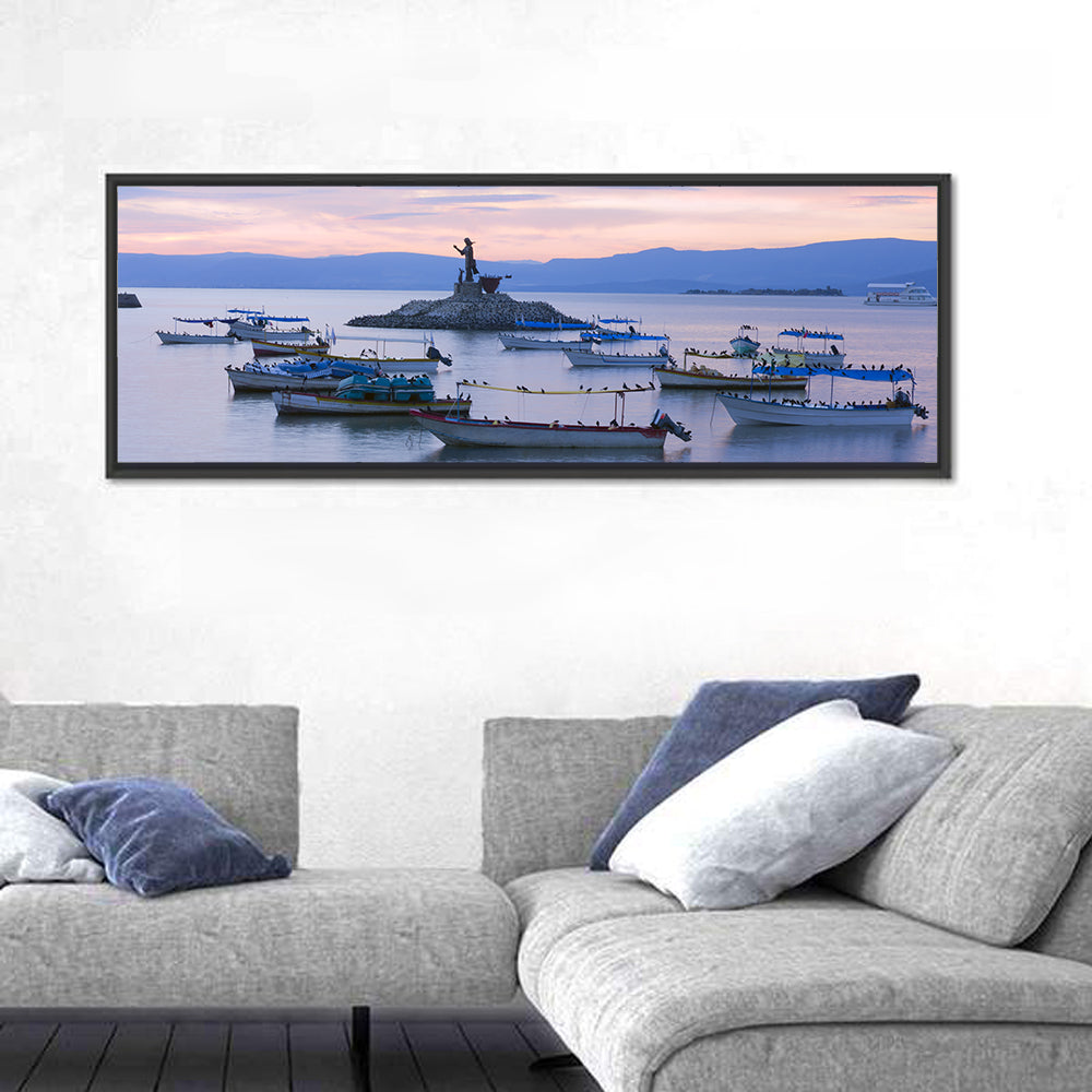 Lake Chapala Islet Sunrise Wall Art in a room, panoramic