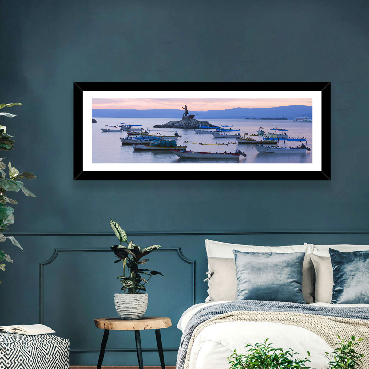 Lake Chapala Islet Sunrise Wall Art in a room, panoramic