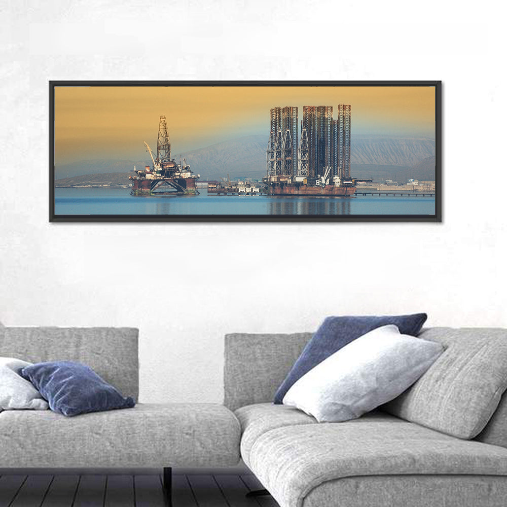 Baku Oil Rigs at Dusk Wall Art in a room, panoramic