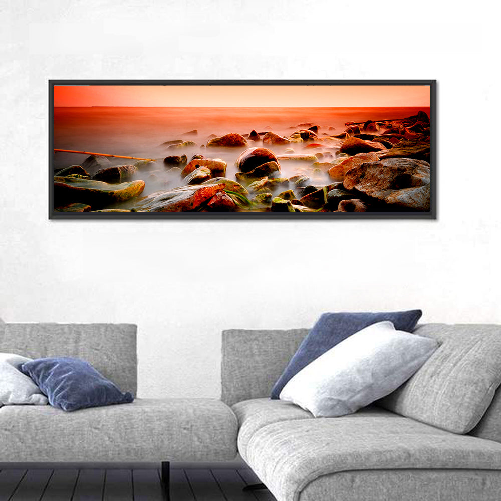 Lake Shore Sunset Wall Art in a room, panoramic