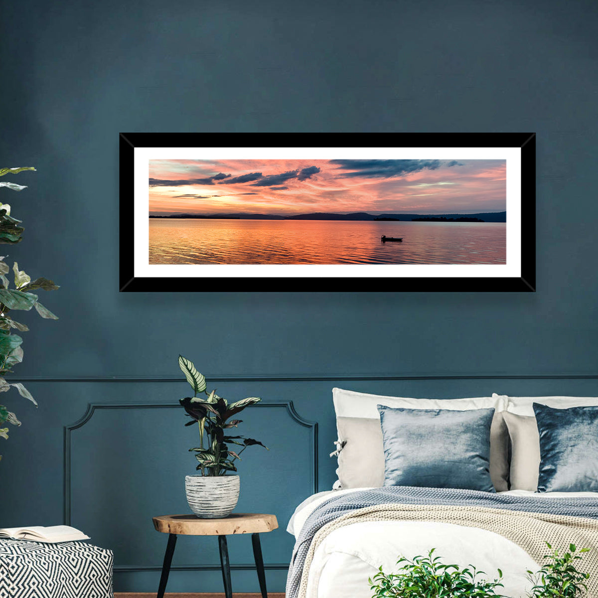 Lake Champlain Sunset Wall Art in a room, panoramic