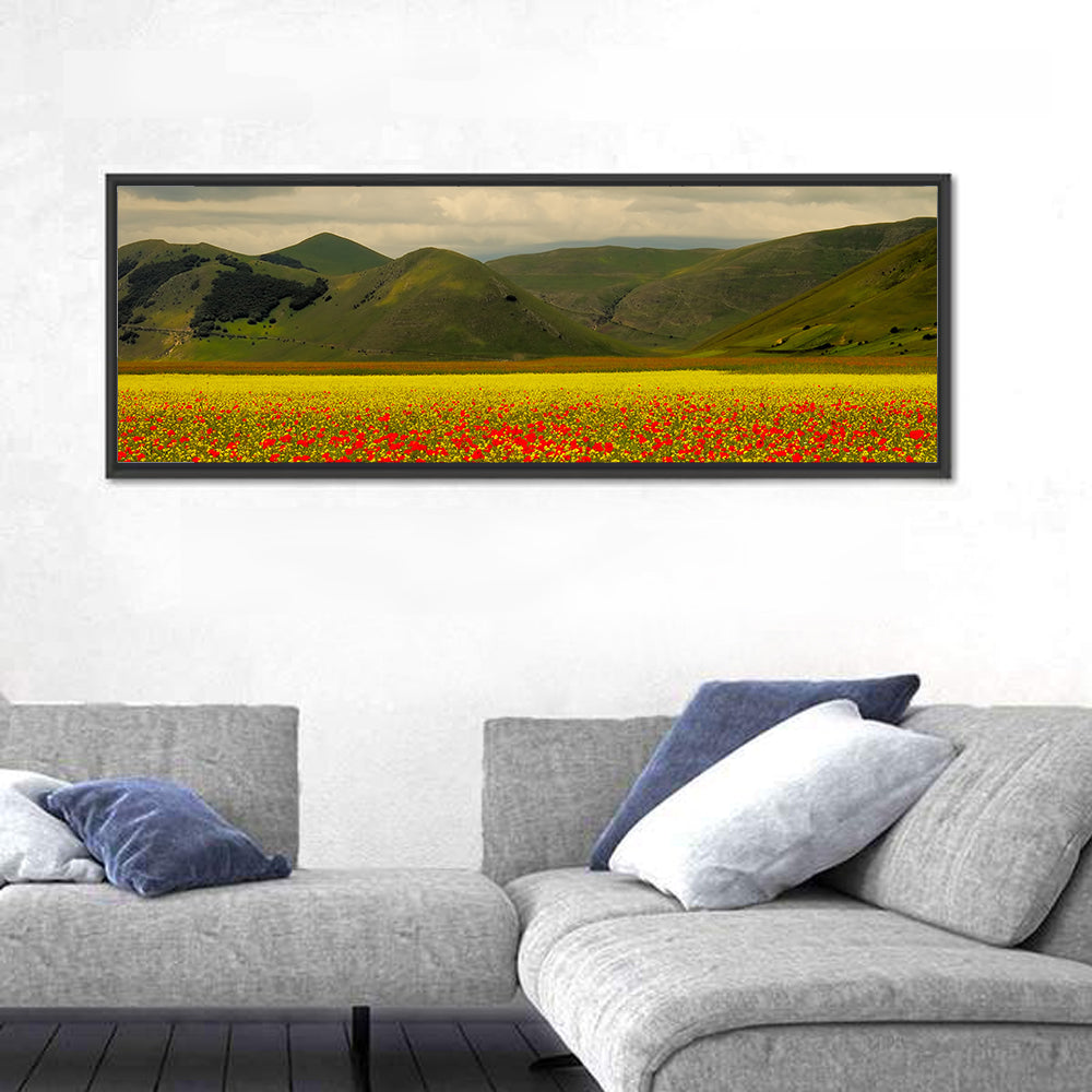 Castelluccio Wildflower Meadow Wall Art in a room, panoramic