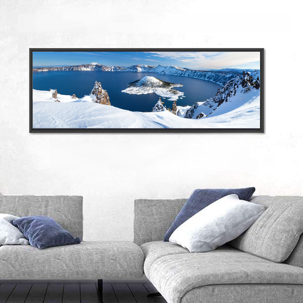 Crater Lake with Wizard Island Wall Art in a room, panoramic