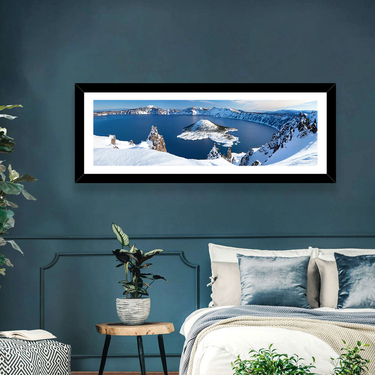 Crater Lake with Wizard Island Wall Art in a room, panoramic