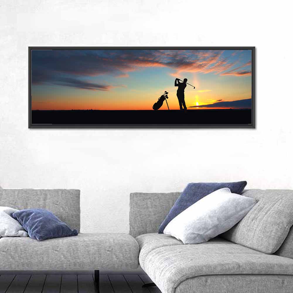 Sunset Golfer Silhouette Wall Art in a room, panoramic