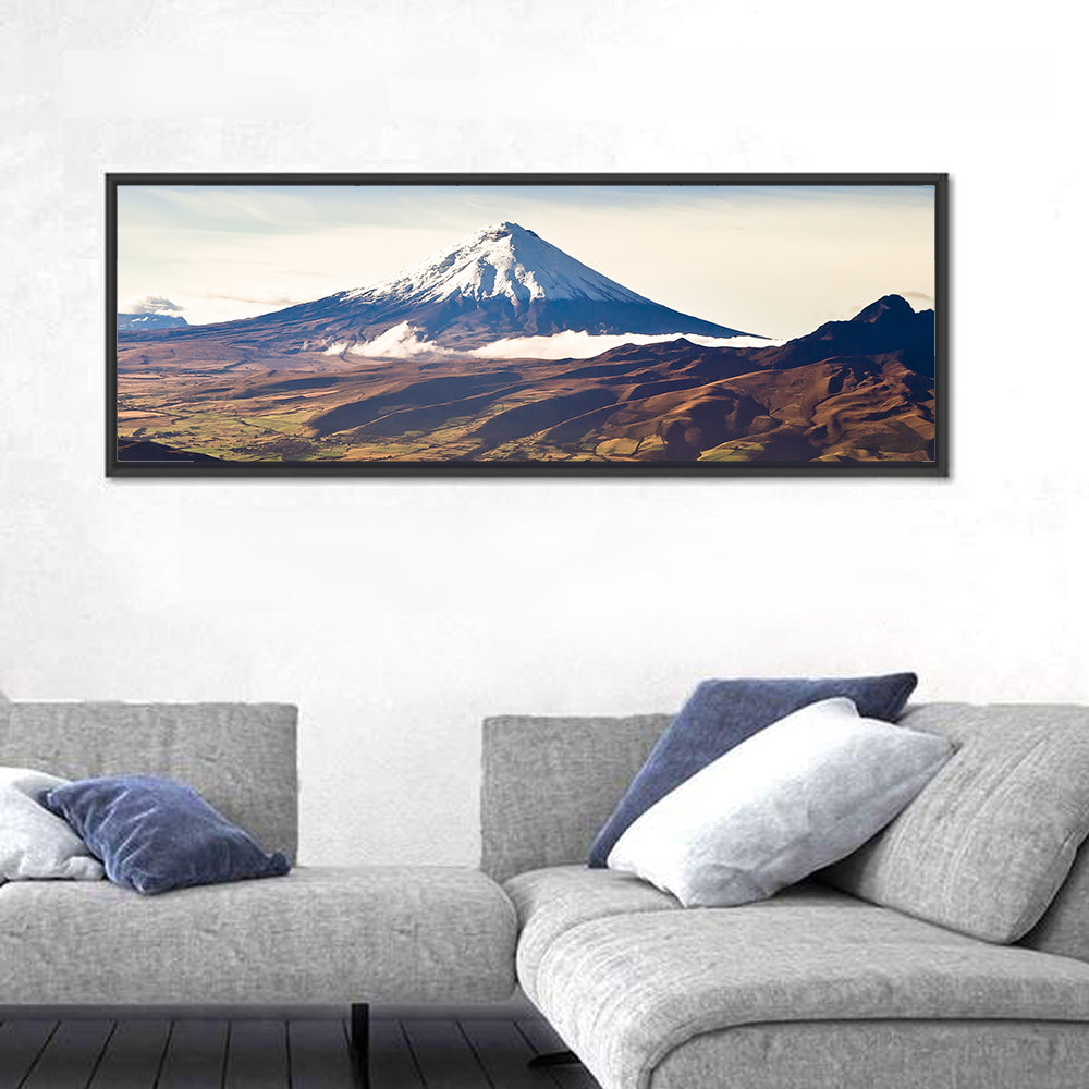 Cotopaxi Volcano Landscape Wall Art in a room, panoramic
