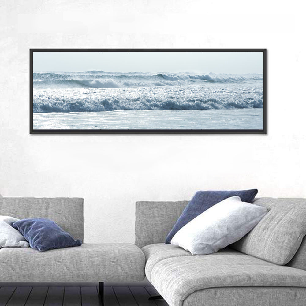 Misty Horizon Ocean Waves Wall Art in a room, panoramic