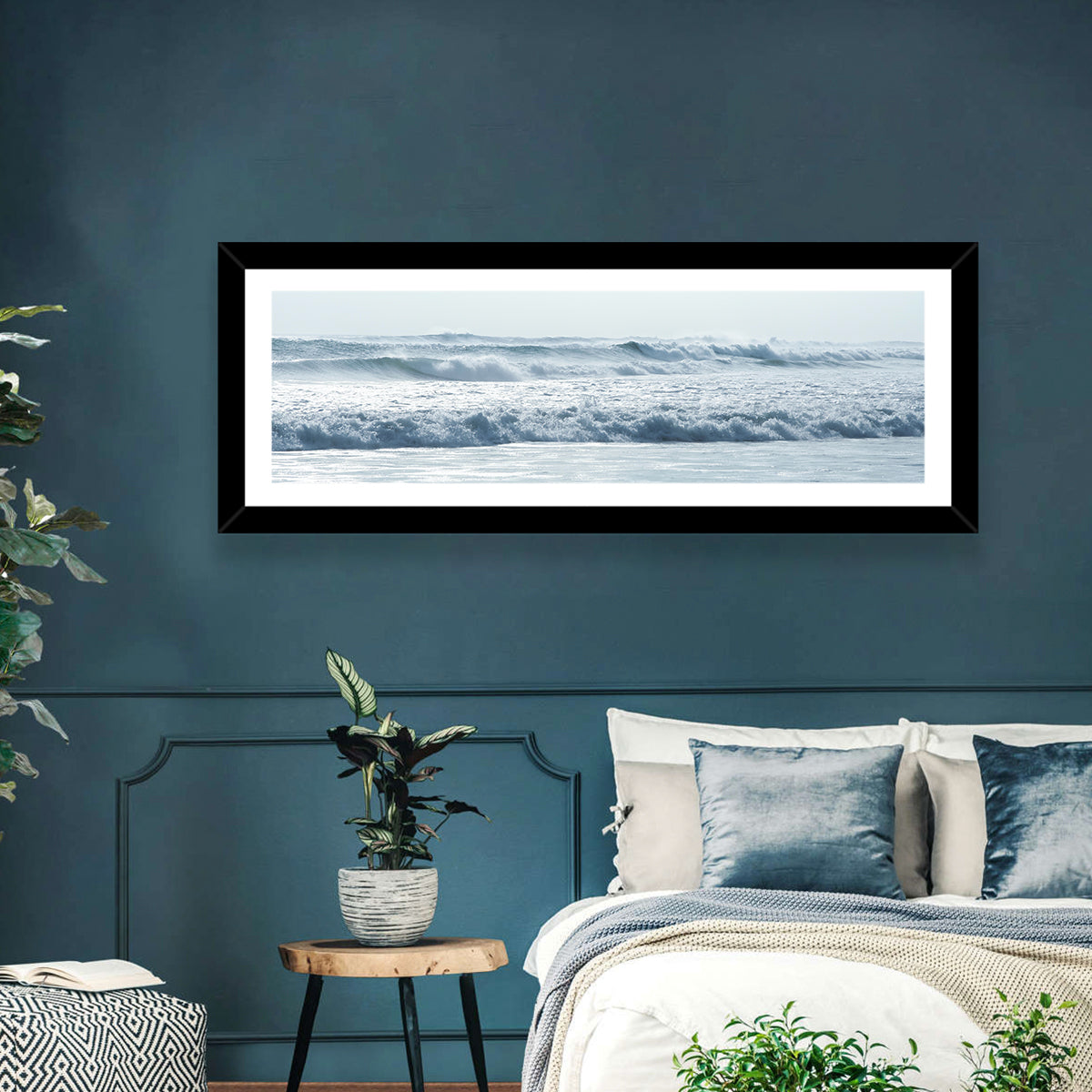 Misty Horizon Ocean Waves Wall Art in a room, panoramic