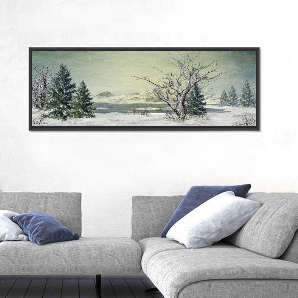 Leafless Tree at Winter Lake Wall Art in a room, panoramic