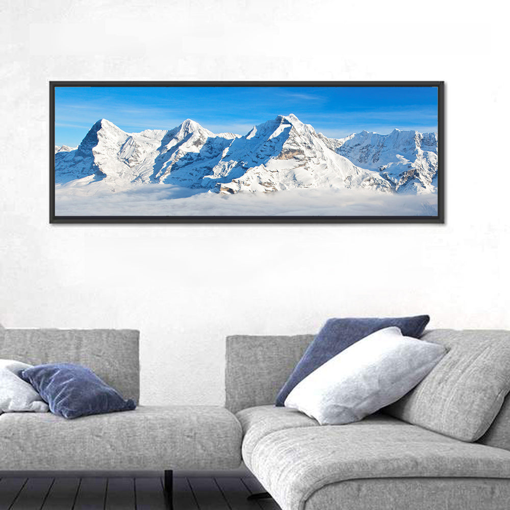 Eiger, Mönch and Jungfrau Peaks Wall Art in a room, panoramic