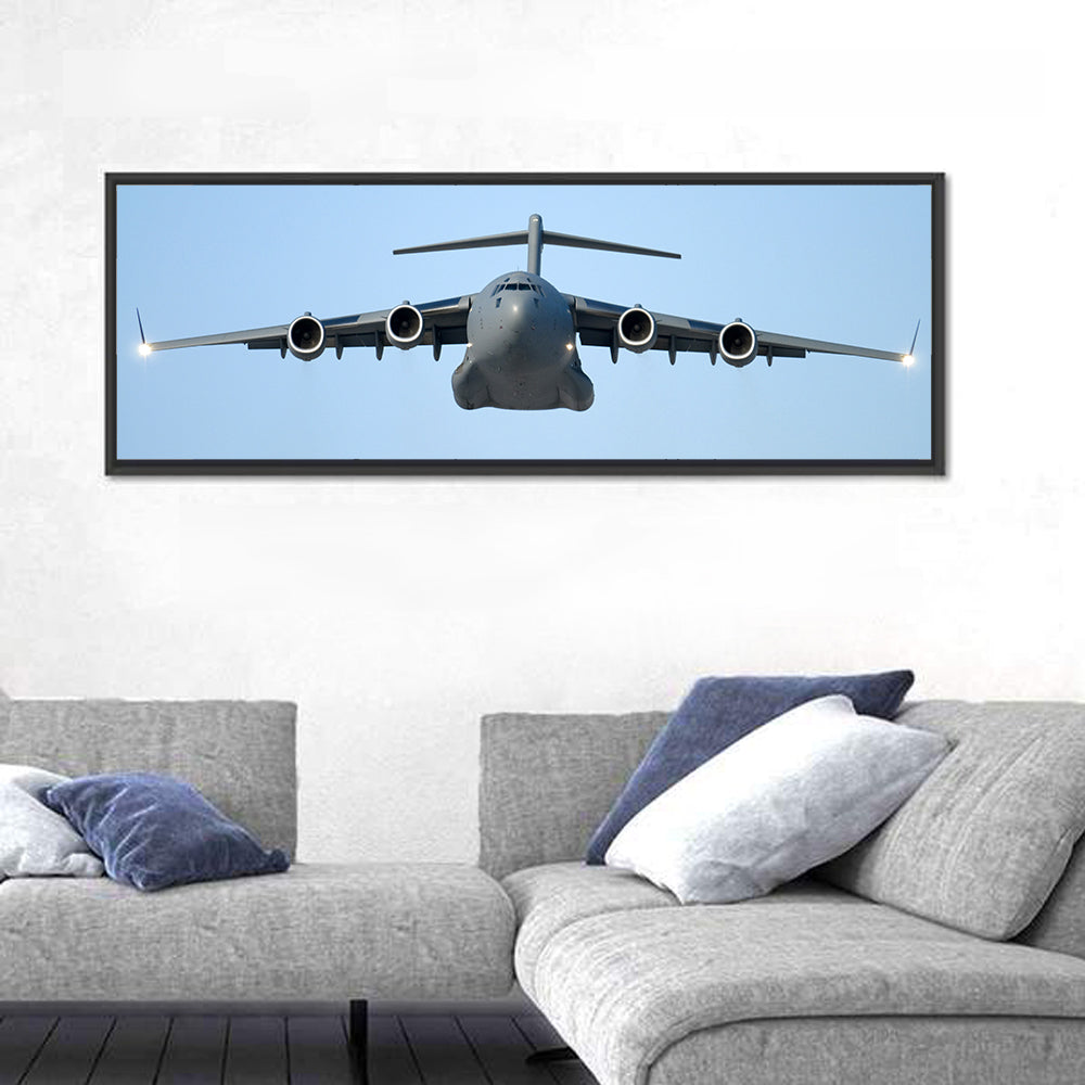 C-130 Head-on Transport Aircraft Wall Art in a room, panoramic