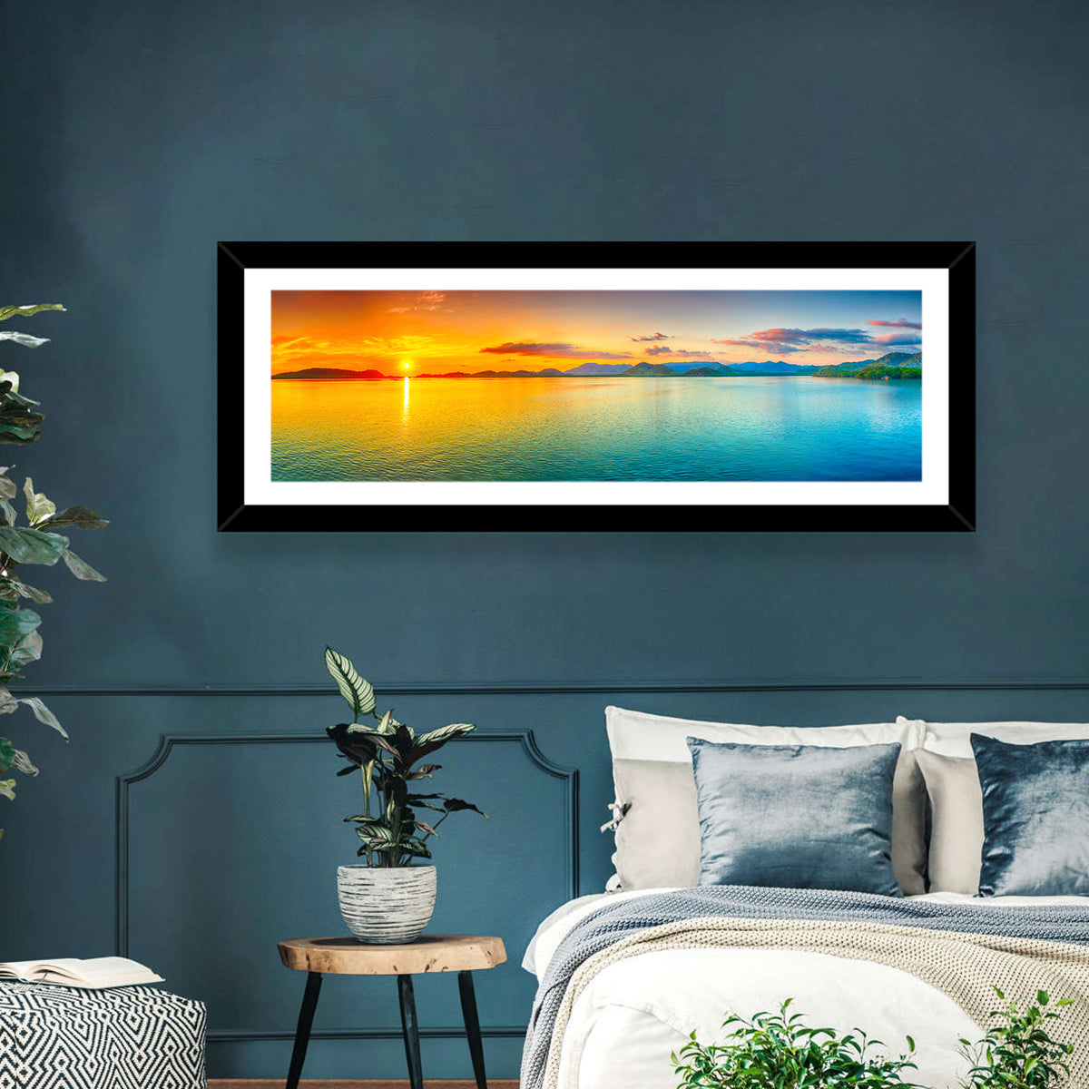 Golden Lake Sunrise Wall Art in a room, panoramic